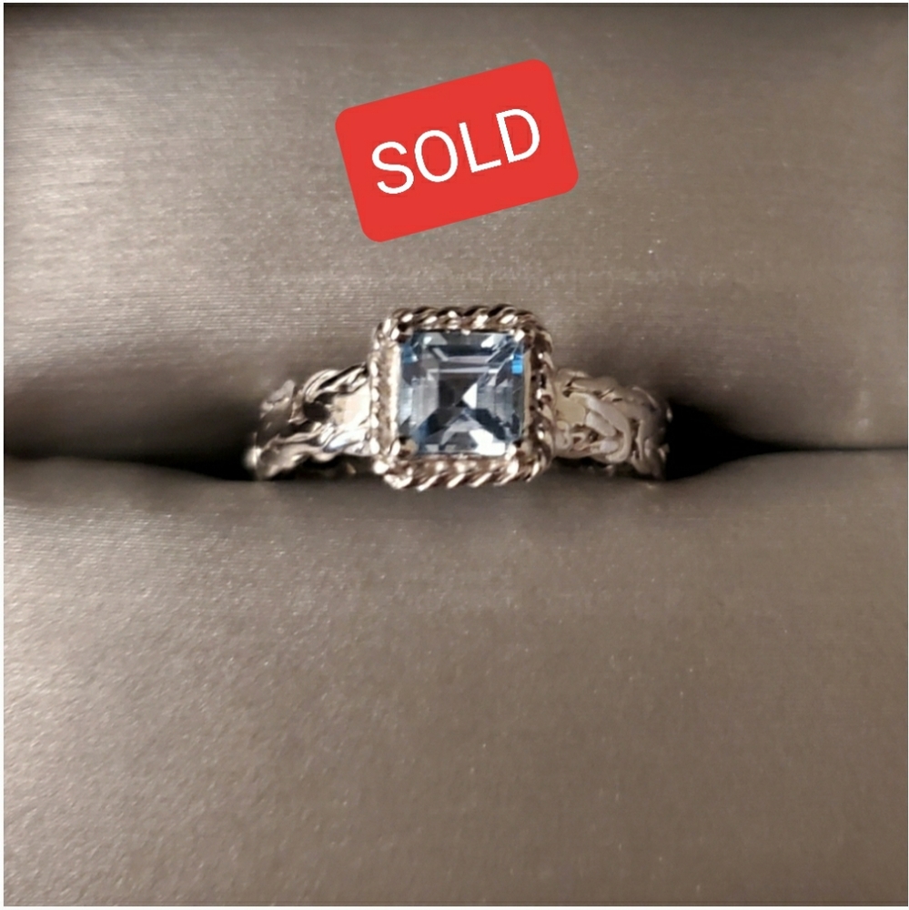 New Square Blue Topaz Byzantine Ring